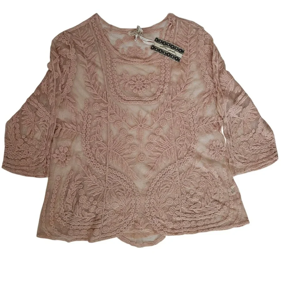 Ultra Pink Light Pink Lace Embroidered Floral 3/4 Sleeve Blouse Women's Size 1X - Picture 2 of 10
